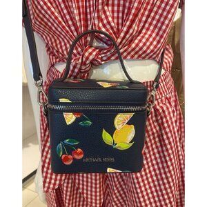 Michael Kors crossbody sandrine small sequined fruit print purse bag navy